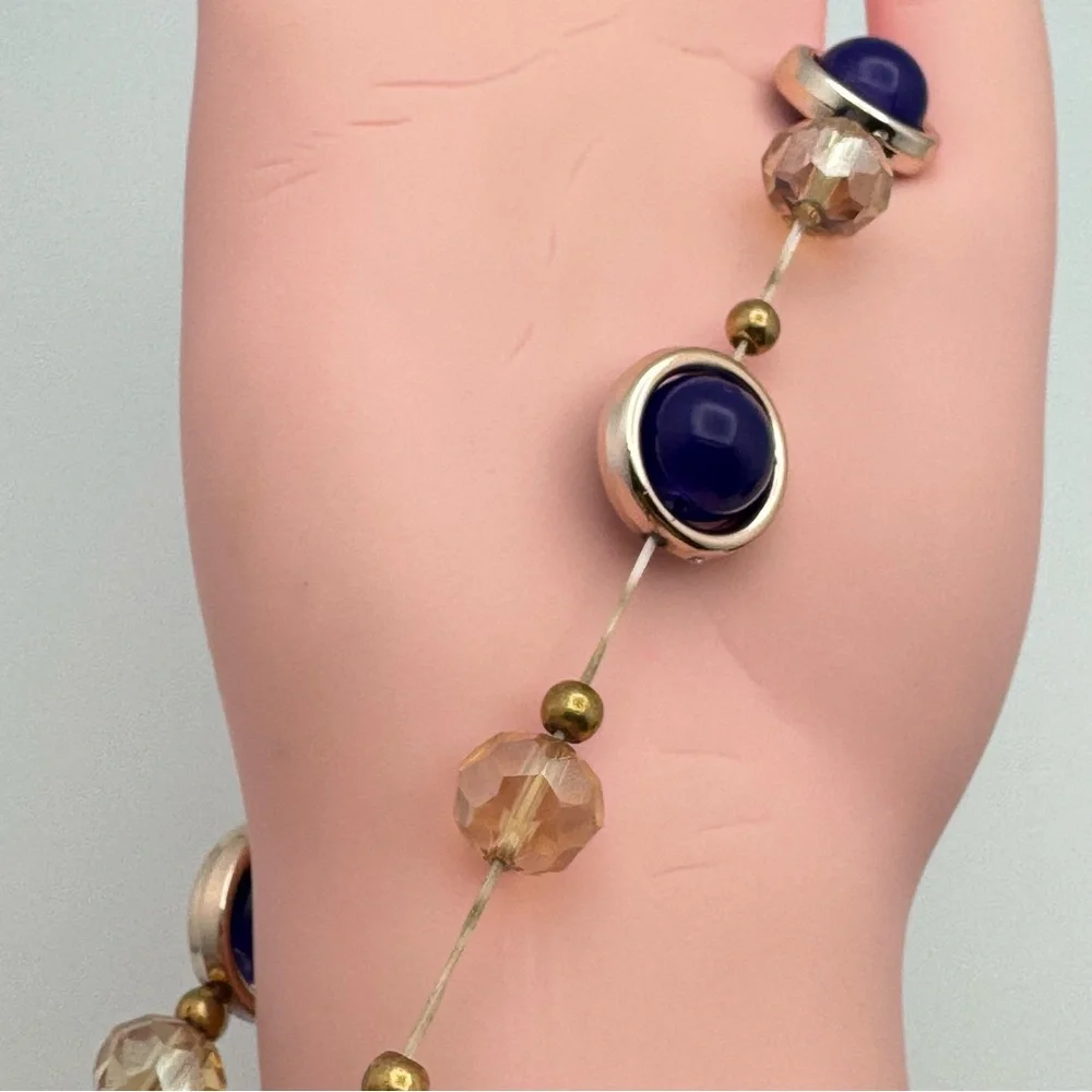 Blue Cabochon Stretch Bracelet Gold Tone Crystal Beaded Statement